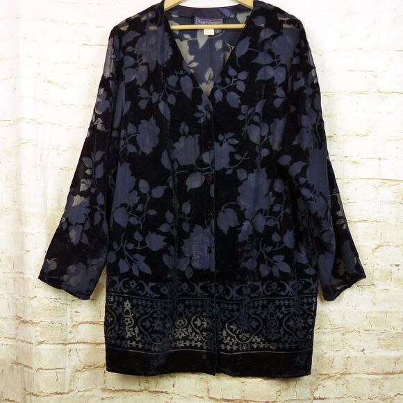 Maggie McNaughton Shirt Women 20W Navy Burnout Velvet Floral Button Sheer Boho - Picture 1 of 15